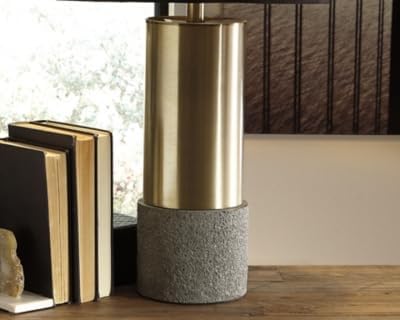 Signature Design by Ashley Jacek Contemporary Table Lamp, 2 Count, 3 Way Switch, Metal, Poly Resin and Drum Shade, 15" W x 15" D x 27.25" H, Gray & Brass Finish