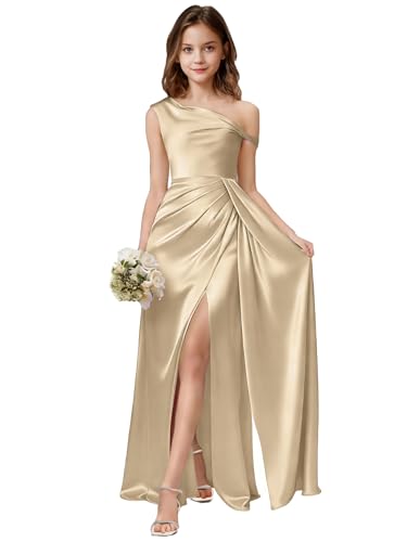 Chyrbaby One Shoulder Junior Bridesmaid Dresses Side Slit Teen Girls Stretch Satin Wedding Guest Flower Girl Dress Pageant Gown Champagne Size 15
