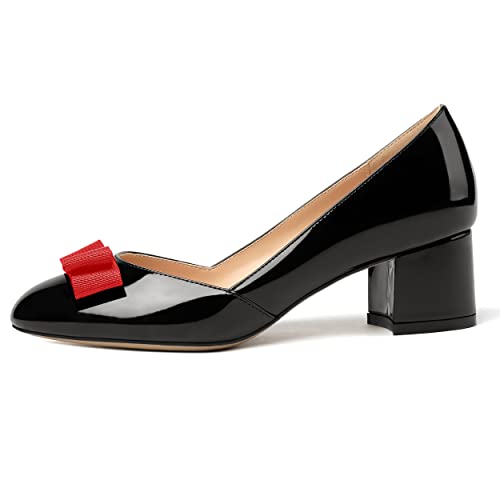 MODENCOCO Women's Round Toe Bow Slip On Patent Chunky Low Heel Pumps Office Work Dress Shoes 2 Inch2