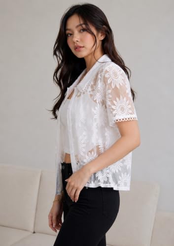 Image of Women's Floral Embroidered Shirt | Elegant Short Sleeve Shirts for Casual & Office Wear | Stylish Summer Button-Down Shirt for Girls & Women