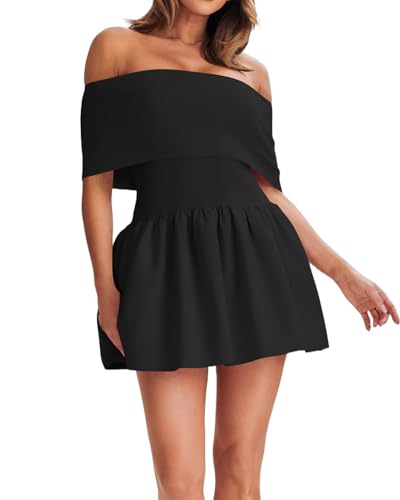Image of Atizon Women's Summer Off The Shoulder Mini Dress Casual Short Sleeve Trendy Cocktail Party A Line Dresses