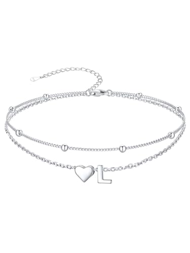 Image of SILVERCUTE Silver Anklets for Women, Waterproof Initial Heart Ankle Bracelets Sterling Silver, Adjustable Layered Foot Jewelry Summer Beach Fashion with Personalized Name Design, Gift Package
