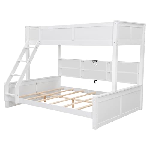 RuiSiSi Twin XL Over Queen Bunk Bed with Storage Shelves, Solid Wood Queen Bunk Bed with Storage Cabinets and USB Ports for Kids Teens Adults, Safety Guardrail, No Box Spring Needed, Antique White