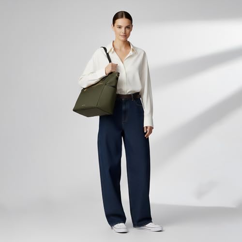 Image of Accessorize London Women's Olive Green Kimberly Nylon Zippered Tote | water-resistant Shoulder Bag | Stylish Casual & Travel Handbag
