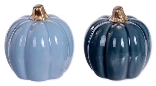 The Bridge Collection Juego de salero y pimentero de cerámica azul de calabazas de otoño de 3 pulgadas, juego de coctelera de cosecha de otoño para decoración de Acción de Gracias