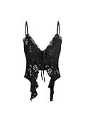 CIDER Going Out Tops for Women Y2K Tie Front Asymmetrical Ruffle Hem Lace Spaghetti Strap Cowgirl Crop Tops Black