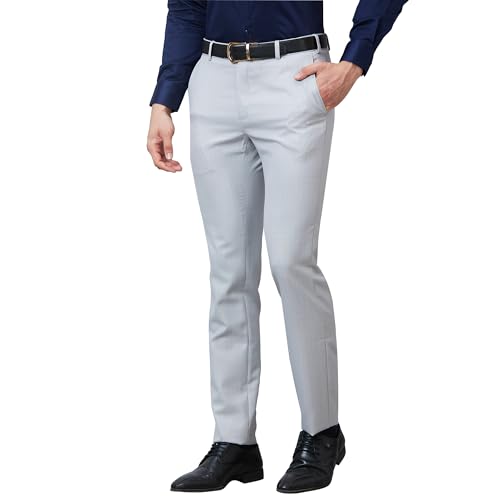 Image of Raymond Men's Slim Fit Mid Rise Structure Pattern Poly Viscose Blend Pleatless Formal Trouser
