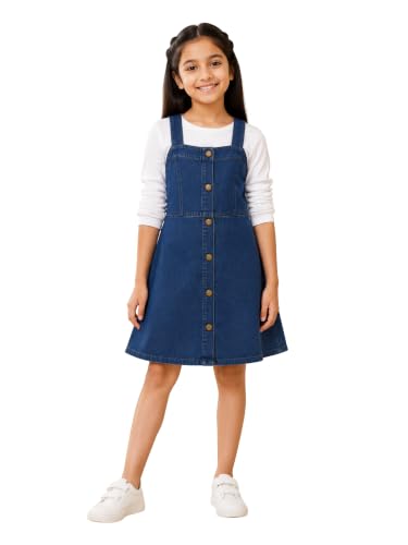Girls Dark Blue Denim Pinafore A-Line Dress with White Full Sleev...