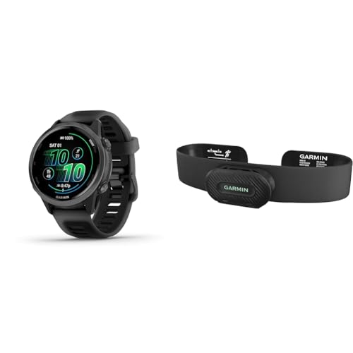 Image of Bundle of Garmin Forerunner 570, 42mm, GPS Running and Triathlon Smartwatch, AMOLED Display, Training and Recovery Features, Slate Gray Aluminum with Translucent Black /Black Band + Garmin HRM-Fit