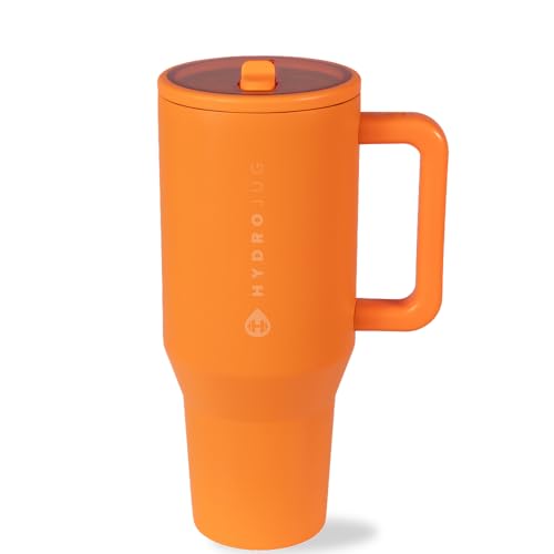 Image of HydroJug Traveler - 32 oz Water Bottle with Handle & Flip Straw - Fits in Cup Holder, Leak Resistant Tumbler-Reusable Insulated Stainless Steel & Rubber Base - Gifts for Women & Men, Tangerine