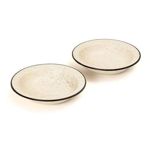 Image of Beyond Homes Ceramic Pasta Plates Shallow, 18cm, Set of 2 | Matte Finish Ceramic Pasta Bowl | Stoneware Flat Pasta and Maggie Bowl | Chip-Resistant | Microwave Safe; (2, White Black)