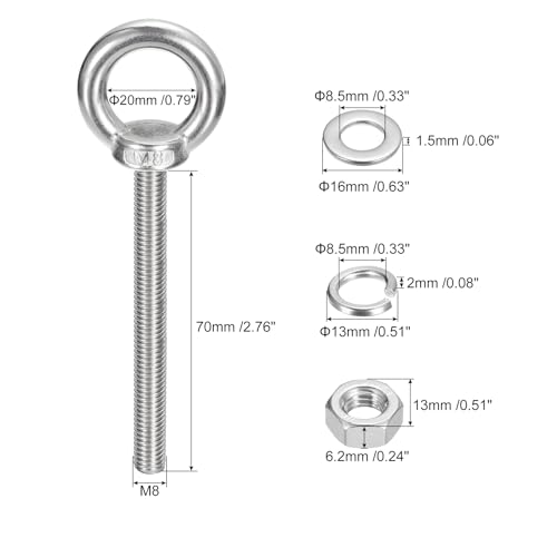 Image of uxcell Lifting Eye Bolt, 1 Set M8 x 70mm Eye Bolt with Nut Washer 304 Stainless Steel Shoulder Lifting Ring Eye Bolt for Hanging Item