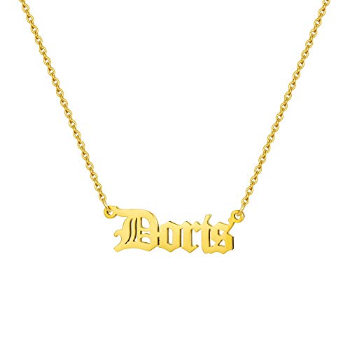 Doris Personalized Name Necklace Old English Cute Stainless Steel Pendant 14K Gold Filled Jewelry Unique Gifts for Mom Women Teen Girls Sister Bridesmaid Best Friend