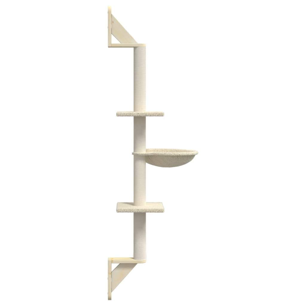 Arbre à chat mural Crème 142,5 cm Arbre à grimper avec colonne griffoir en sisal et maison pour chat en peluche pour jouer, dormir, entretenir les griffes et cacher dans un lieu de repos