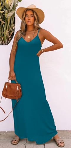 Image of Bluetime Women Summer Spaghetti Strap Maxi Dress V-Neck Sleeveless Flowy Boho Floral Beach Long Dress with Pockets
