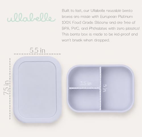 Image of Ullabelle Kids Bento Box - 3 Compartments, Leakproof Lunch Box, BPA-Free Snack Container, Divided Lunch Box for Toddlers & Kids, Dishwasher Safe, Easy to Clean (Periwinkle)