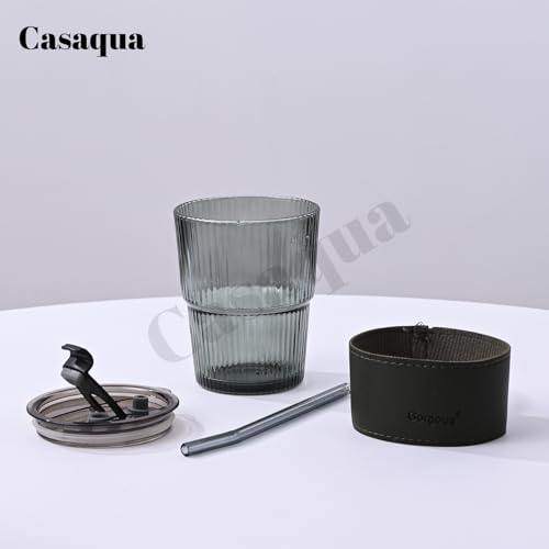 Image of Glass Coffee Sipper Mug with Leather Grip, Clear Drinking Glasses Tumblers with Straws and Lids for Iced Tea, Juice, Cocktail, Smoothies Drinks Cups (400ML, Pack of 1)