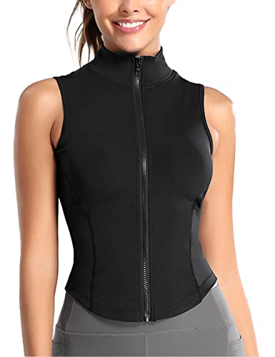 COWOKA Women's Slim Fit Full Zip Sleeveless Running Track Jacket Workout Stretchy Athletic Yoga Sportwear Black L