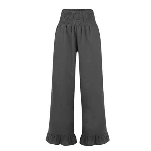 Image of Womens Linen Palazzo Pants Ruffle Hem Drawstring Boho Trousers Beach Travel Vacation Outfits