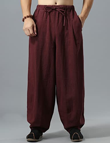 NFYM Men's Casual Cotton Linen Kung Fu Pants Elastic Waist Drawstring Loose Fit Spring Bloomers Trousers3