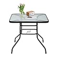 Dlewmsyic Outdoor Dining Table with Umbrella Hole, Patio Dining Table 32 inches Square Tempered Glass Metal Table Dining Bistro Table Furniture Set for Balcony, Backyard, Poolside, Sunroom, Black