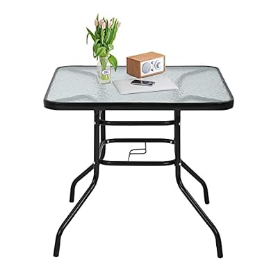 Dlewmsyic Outdoor Dining Table with Umbrella Hole, Patio Dining Table 32 inches Square Tempered Glass Metal Table Dining Bistro Table Furniture Set for Balcony, Backyard, Poolside, Sunroom, Black