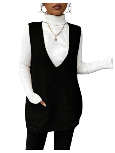 SHENHE Women's Deep V Neck Long Sweater Vest Casual Loose Knit Tunic Pullover with Pockets