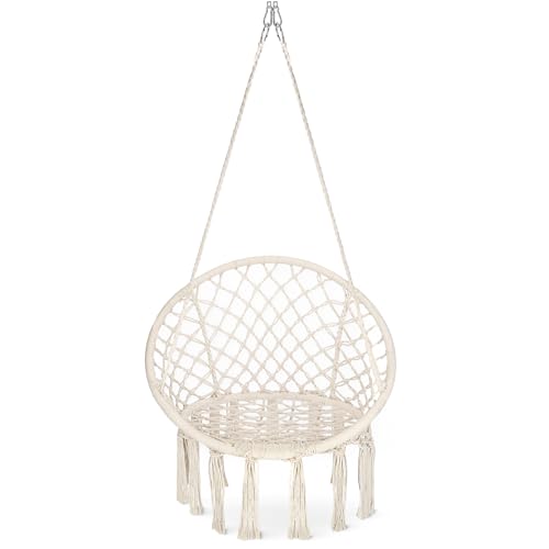 4FIZJO Hängesessel Boho, Makramee hängesessel, Garten schaukel, Hängekorb, Schaukelkorb, Therapieschaukel Kinder, Hängesessel Indoor & Outdoor, Hängesitz Patio-Rasen, Maximale Belastung 125 kg, Beige