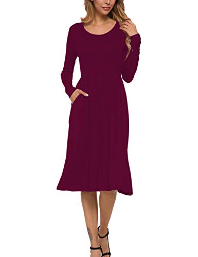 MISFAY Women's Long Sleeve Pockets Empire Waist Pleated Loose Swing Casual Flare Midi Dress (L, Wine Red)