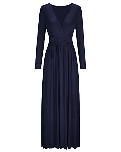 OUGES Womens Long Sleeve V-Neck Wrap Waist Maxi Dress(Navy,L)