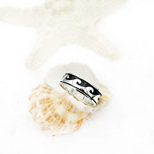 925 Sterling Silver White Blue Opal Ocean Wave Ring for Women & Men. Dainty Cute Fun, Thumb Midi Pinky Beach Rings. Tropical Surfer Tidal Wave Wedding, Engagement Bands.2