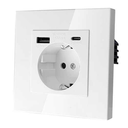 86mm Weiß Wandsteckdose Schuko Steckdose mit Einzel Wand USB (Max. 5V 2100mA) und Typ C Fach Platte Steckdose 3 in 1 Unterputz Wandsteckdose Unterputz für Handys Laptops etc
