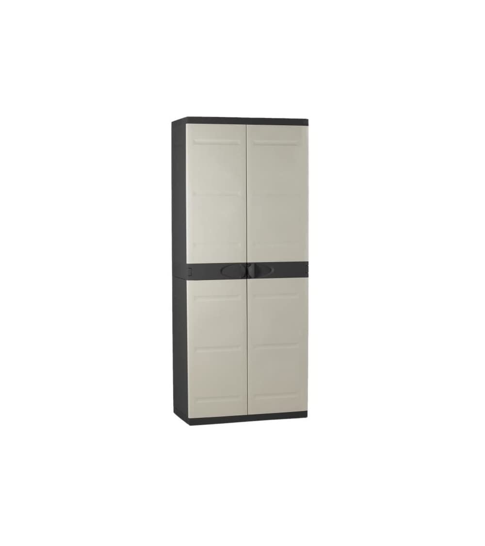 TITANIUM PLASTIKEN Armoire haute 2 portes avec étageres - 70 x 44 x 176 cm - Beige et Noir - Gamme TITANIUM - Intérieur et Extérieur