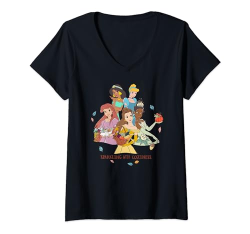 T-shirt col V Disney automne femme : haut manches courtes imprimé princesses pour adulte