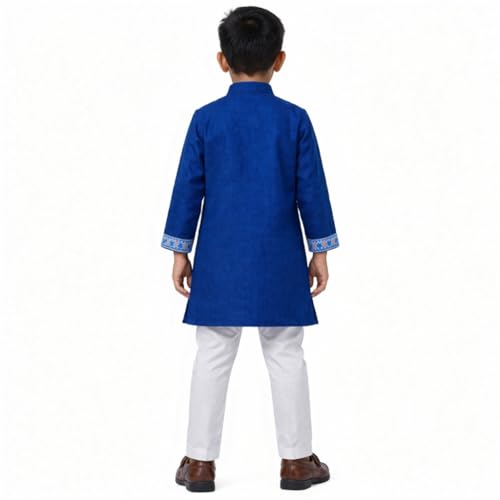 Image of Kurta Pajama for Kids Boys - Jamdani Border Kurta and Elastic Waist Pyjama Set