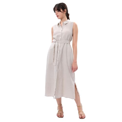 Amazhiyu Womens Pure Linen Summer Button Down Midi Dresses with Pockets and Belt