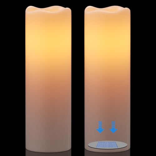 Image of GenSwin Solar Candles Outdoor Waterproof, Large 14 inch x 4 inch Solar Candles Rechargeable, Battery Operated Pillar Candle with Sensor Timer Dusk to Dawn for Lanterns, Outdoor, Patio Decor(Set of 2)
