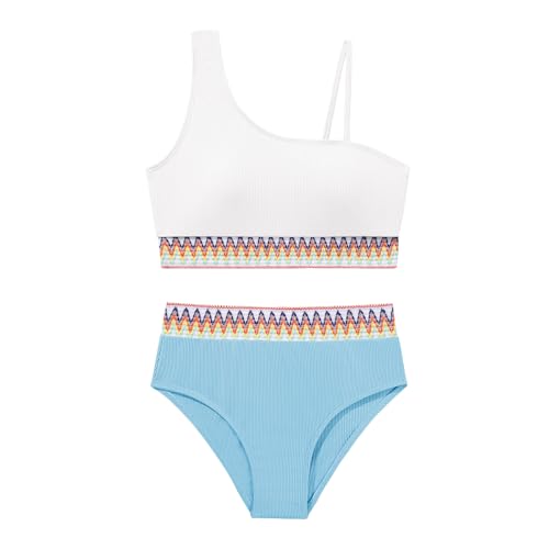 Weixinbuy Girls Swimsuits Bikini Set, Kids Bathing Suit High Waisted Girls' Swimwear Color Block Two Piece Swim Suits (US, Age, 11 Years, 12 Years, #2 Mintgreen Blue)