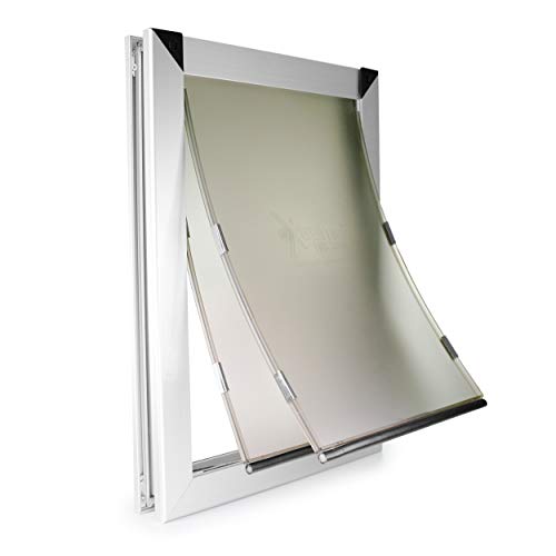 patio panel dog door large - Large Dual Flap Extreme Weather Aluminum Dog Door for External Door Mounting - Heavy Duty Frame with Magnetic Seal Closure and Locking Security Panel