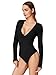 REORIA Women's Sexy Deep V Neck Long Sleeve One Piece Bodysuit Top Fall Slimming Double Lined Going Out T Shirt Black Large