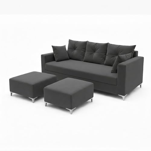 Image of Zora 5 Seater L Shape Sofa Set with 2 Movable Ottomans | Flexible Layout | Rich Velvet Suede Fabric | Silver Legs | Spacious Seating | Modern Sofa for Living Room (Dark Grey)