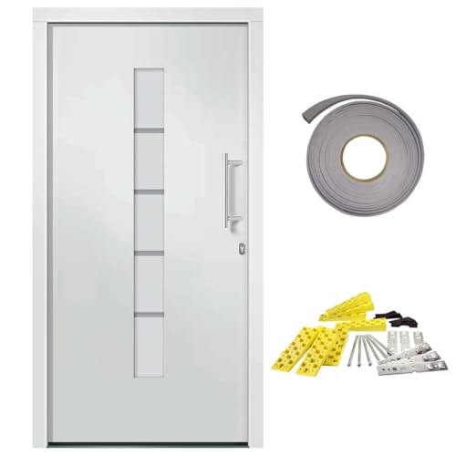 QJBSAVVA Puerta de entrada blanca de 110 x 210 cm, de aluminio y PVC, con 5 cierres de seguridad y acristalamiento ISO de protección térmica a la derecha, grosor del marco 70 mm, incluye juego de asas