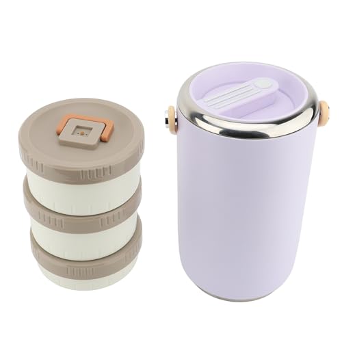 Nikou Tarro de acero inoxidable aislado al vacío de 2,6 L, lonchera apilable de 3 niveles, a prueba de fugas, apto para microondas, ideal para oficina y camping, color morado