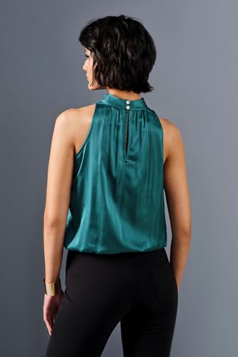 Image of Women's Pink Satin Sleeveless High-Neck Top | Elegant Shiny Office Wear Blouse for Ladies | Stylish Halter Neck Satin Top for Formal, Casual & Evening Outfits