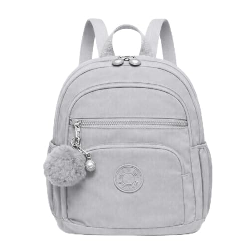 Mini Mochila Feminina de Nylon Impermeável, Extremamente Leve e Resistente a Água, Mochila Pequena com Pompom, Mochilinha Versátil com 4 Zíperes (Cinza)