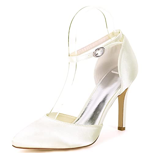 Escarpins pour Femme Chaussures De Mariage Argentées Chaussures De Mariée en Satin À Bout Fermé Sandales À Bride Cheville avec Boucle,Ivoire,39 EU Cover