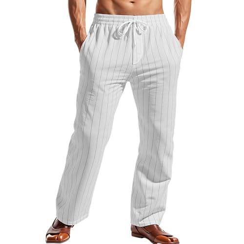 Men's Striped Casual Pants Cotton Linen Waist Drawstring Straight Leg Trousers Loose Fit Yoga Beach Lightweight Pants