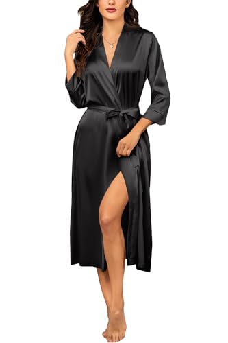 Ekouaer Peignoir Robes En Soie Pour Femmes Longues Peignoir Demoiselles D'honneur Fête De Mariage Robes En Satin Vêtements De Nuit Avec Poches, Noir, S