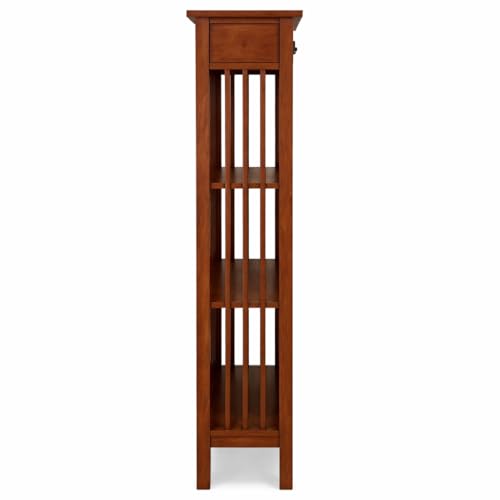 Image of Leick Home 82262 Mission Mantel Height Bookcase with Slatted Sides and Top Drawer, Made with Solid Wood, for Living Rooms, Mission Oak Finish, Brownbronze
