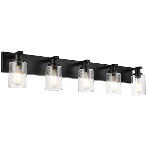 WINSHEN 5-Lights Farmhouse Bathroom Vanity Light in Black Finish Wall Mount Lighting Fixtures with Seeded Glass for Mirror Cabinet Kitchen Bedroom Cover